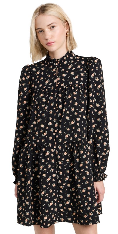 English Factory Floral Tiered Mini Dress Black Multi