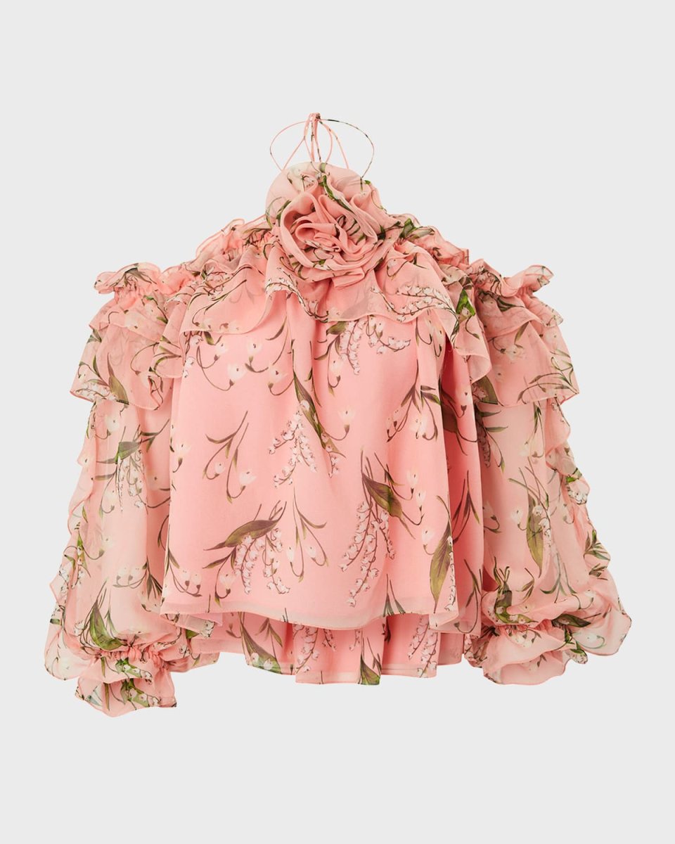 Rose Halter Ruffle Long-Sleeve Silk Top