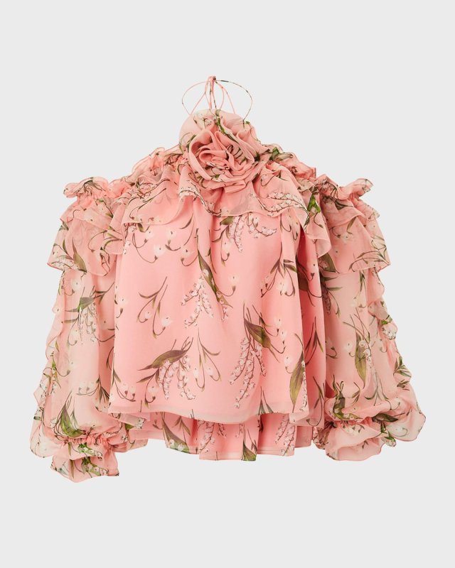 Rose Halter Ruffle Long-Sleeve Silk Top