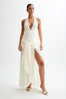 MESHKI GRAZIANA Satin Chiffon Plunge Maxi Dress