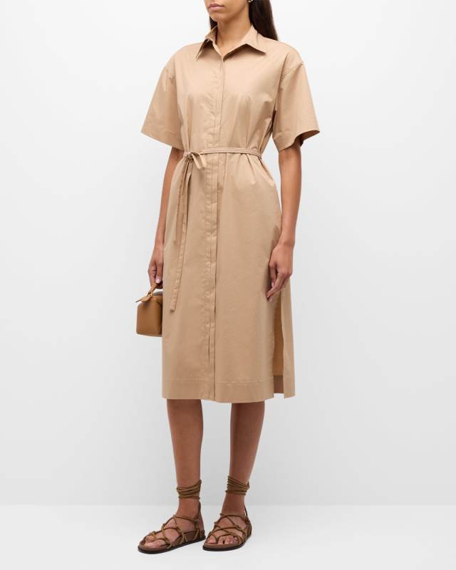 Belted Side-Slit A-Line Midi Shirtdress