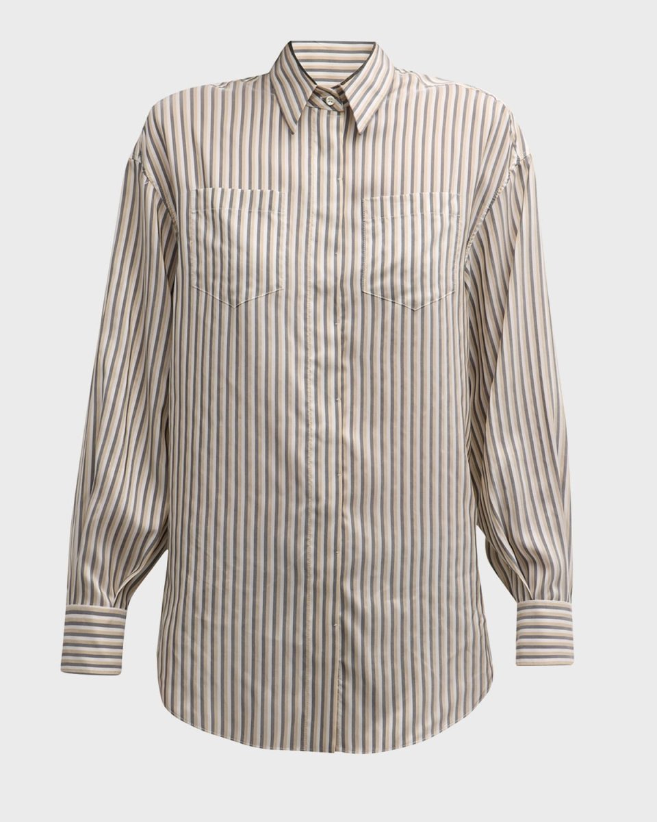 Monili-Trim Striped Silk Collared Blous