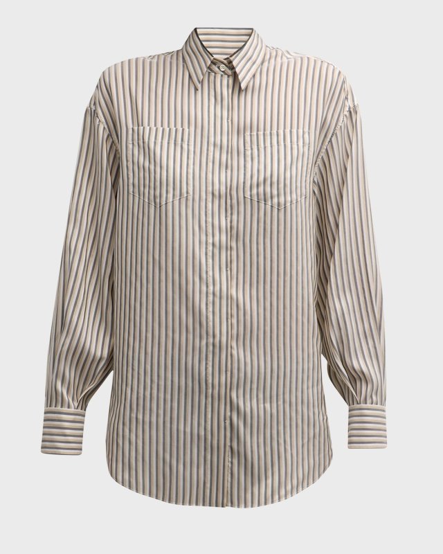 Monili-Trim Striped Silk Collared Blous