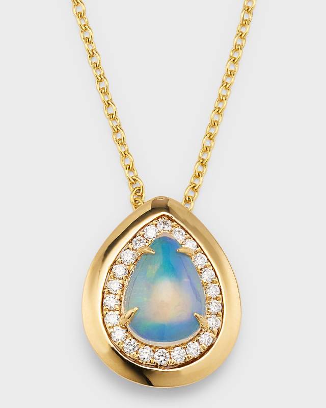 18K Yellow Gold Pendant with Pear Shape Opal and Diamonds, 1.28tcw