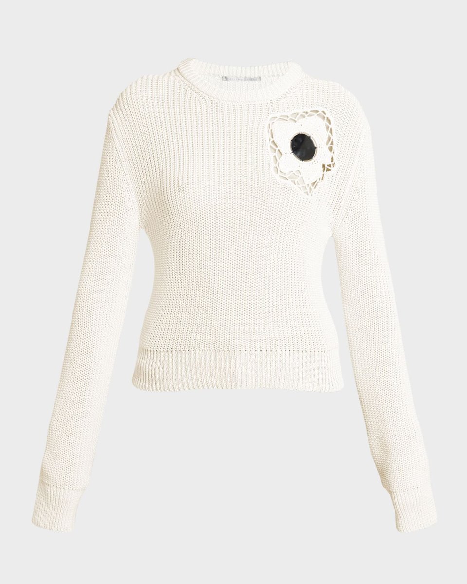 Mirror Flower-Chest Crewneck Long-Sleeve Sweater