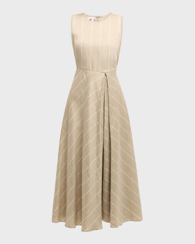 Pleated Striped A-Line Midi Dress