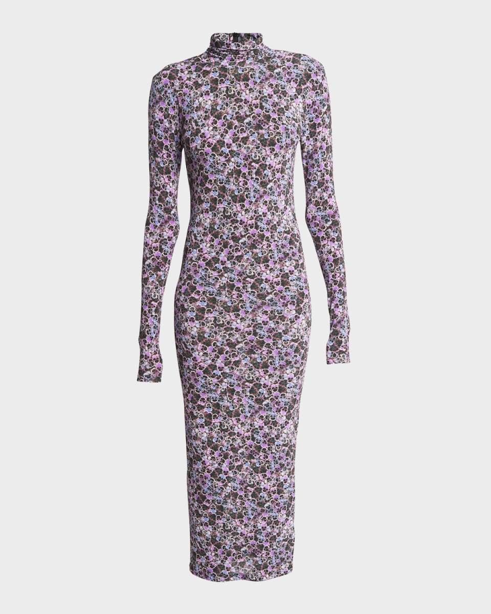 Vanessa Pansy Jersey Turtleneck Long-Sleeve Midi Dress