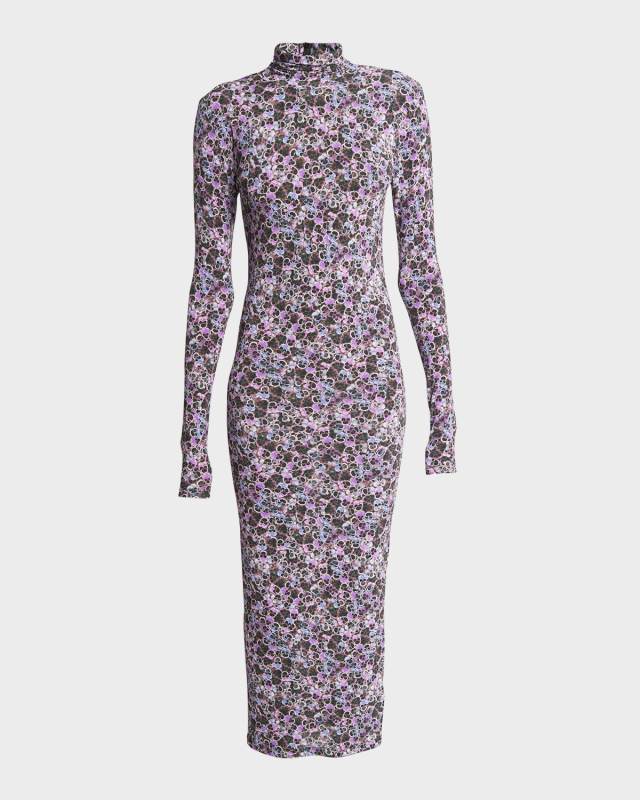 Vanessa Pansy Jersey Turtleneck Long-Sleeve Midi Dress