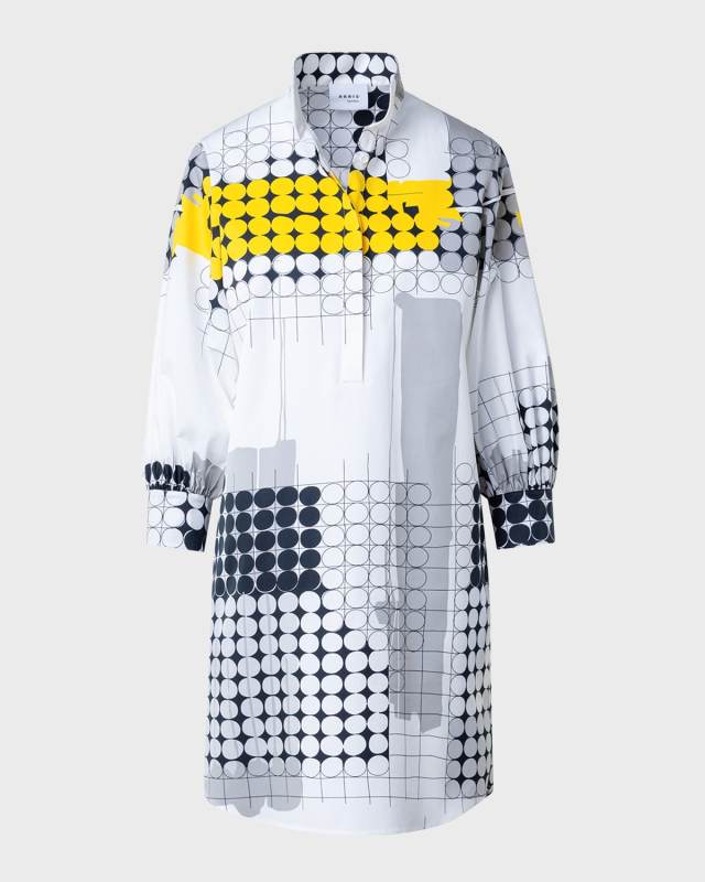Skyscraper Facade-Print Long-Sleeve Cotton Poplin Mini Shirtdress