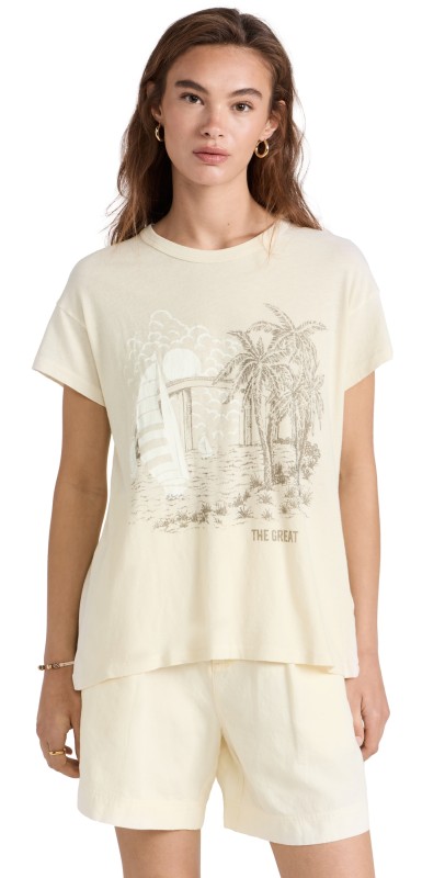 THE GREAT. The Boxy Crew w/ Sailboat Palm Graphic Tee Washed White