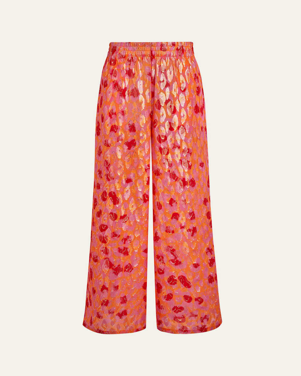 Abstract Leopard Printed Wide-Leg Silk Pants