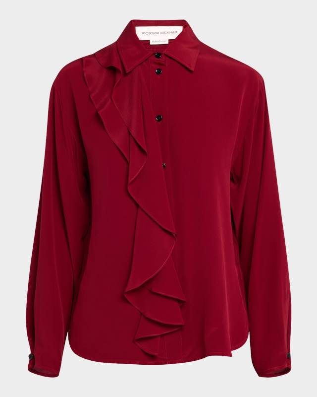 Ruffle Long-Sleeve Silk Blouse