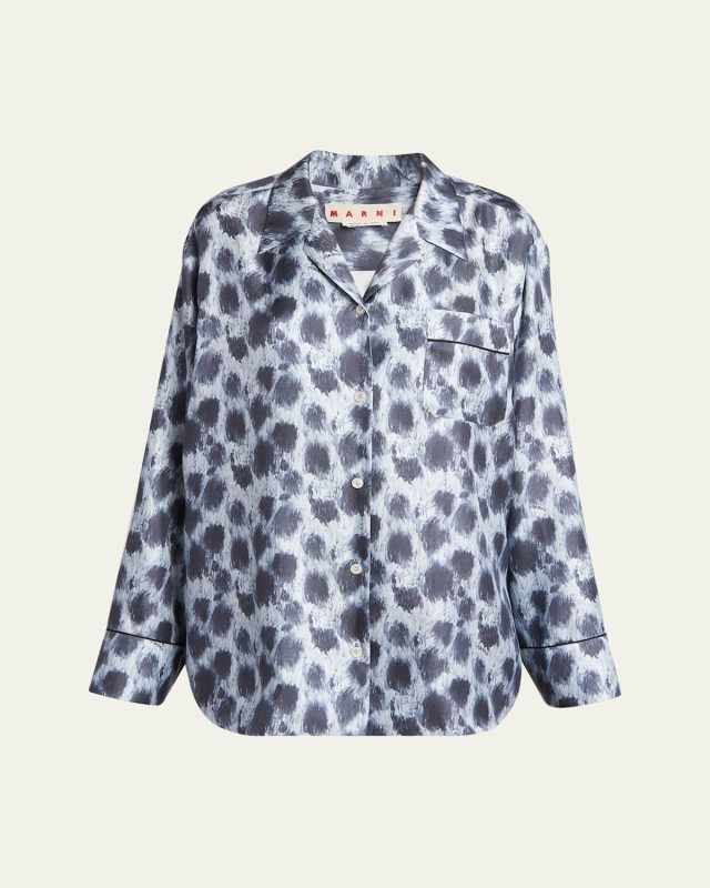Printed Button Down Silk Pajama Shirt with Piping