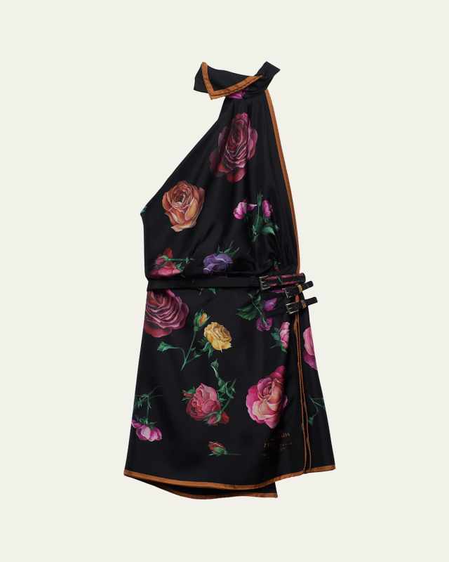 Silk Twill Floral-Print Backless Halter Mini Dress