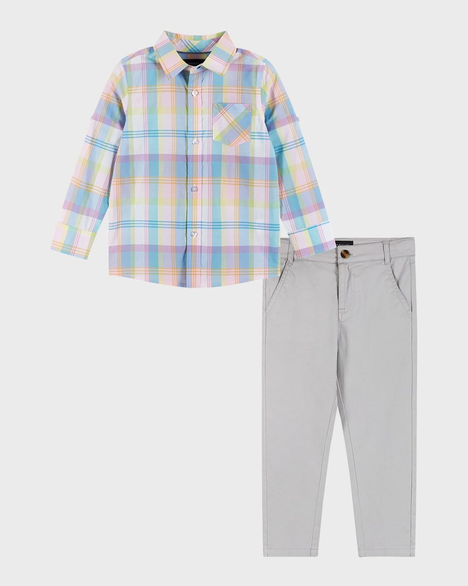 Boy's Plaid Button Down Shirt & Pants Set, Size 2T-7