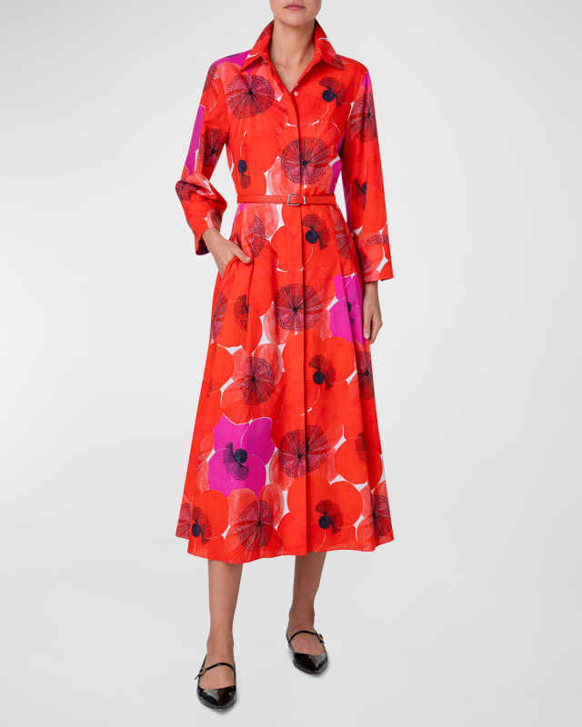 Poppies Print Belted Midi Dress