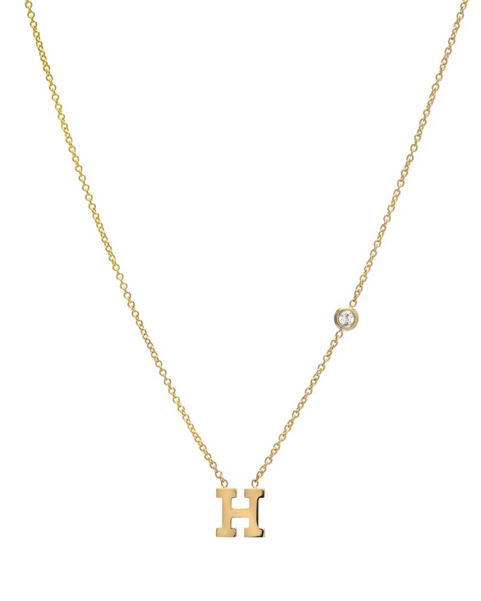 14k Yellow Gold Personalized Initial & Diamond Bezel Necklace