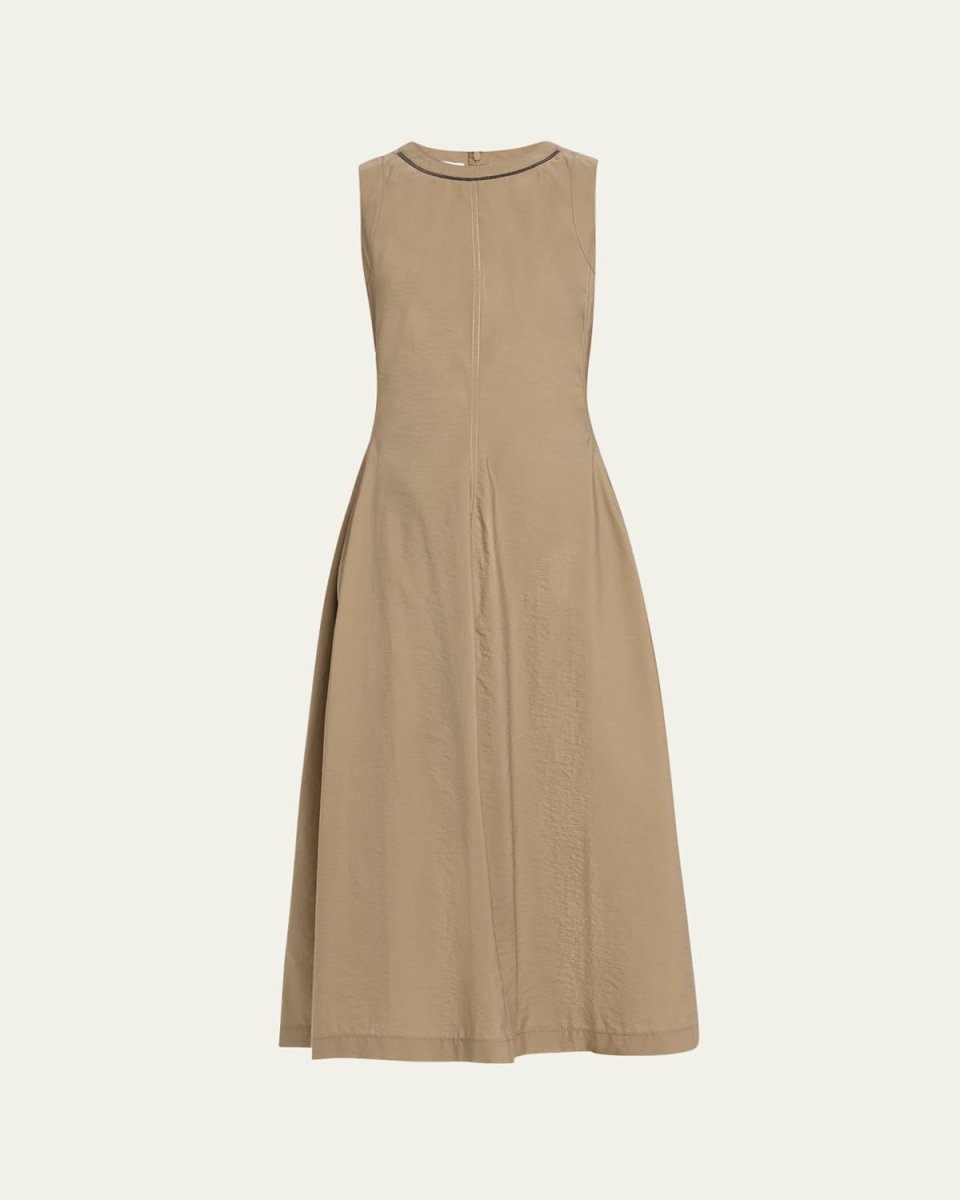 Techno Cotton Popeline Midi Dress with Monili Collar Detai