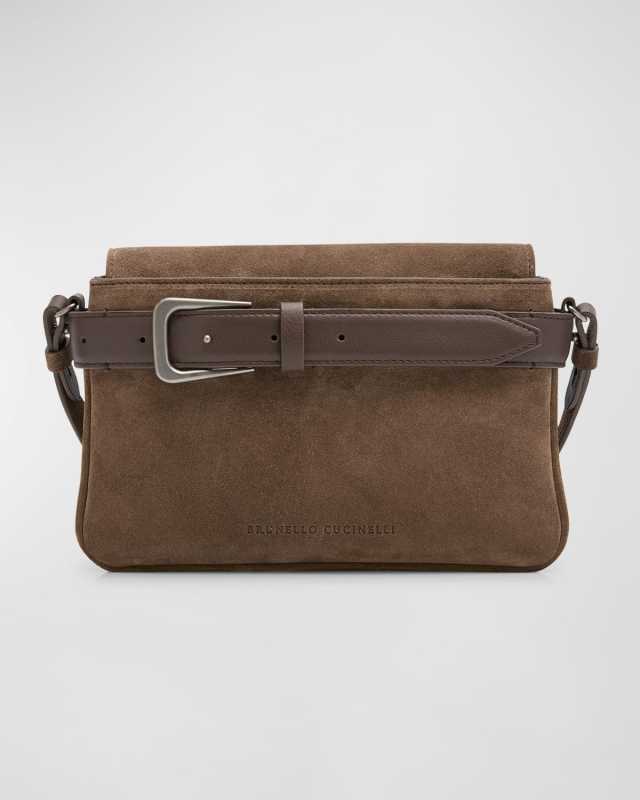 Belt Flap Velour Leather Crossbody Bag
