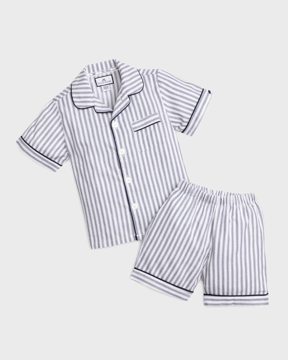 Boy's French Ticking Striped Pajama Set w/ Contrast Piping, Size 6M-14