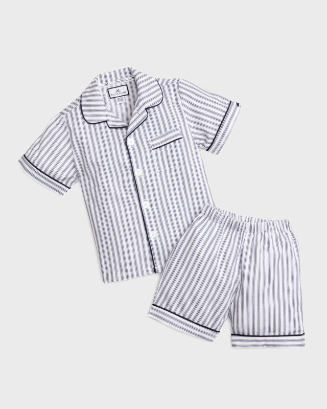 Boy's French Ticking Striped Pajama Set w/ Contrast Piping, Size 6M-14