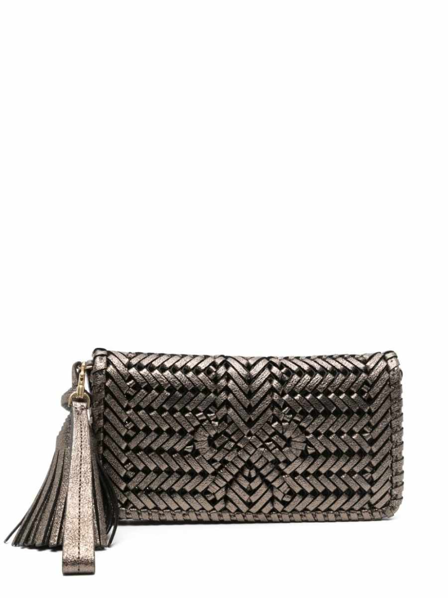 interwoven metallic leather clutch bag