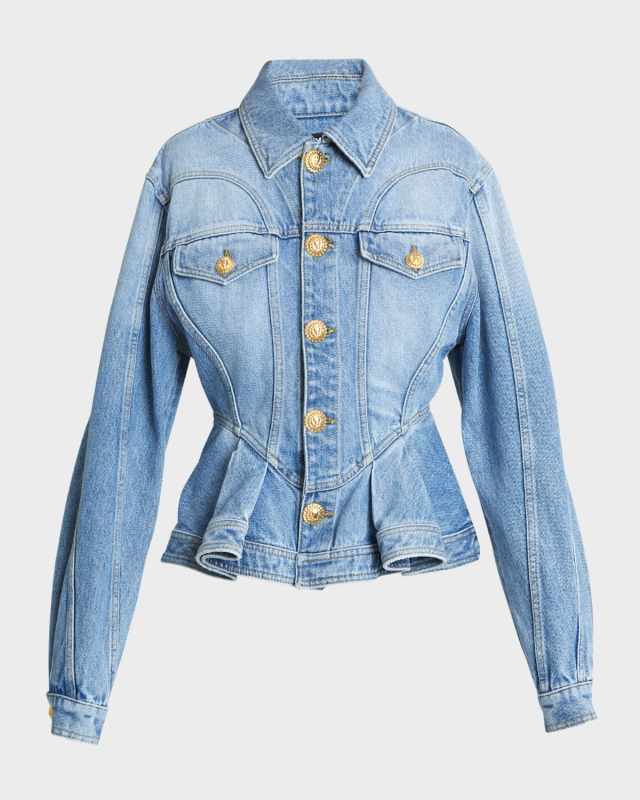 Peplum Denim Jacket with Gold-Tone Buttons
