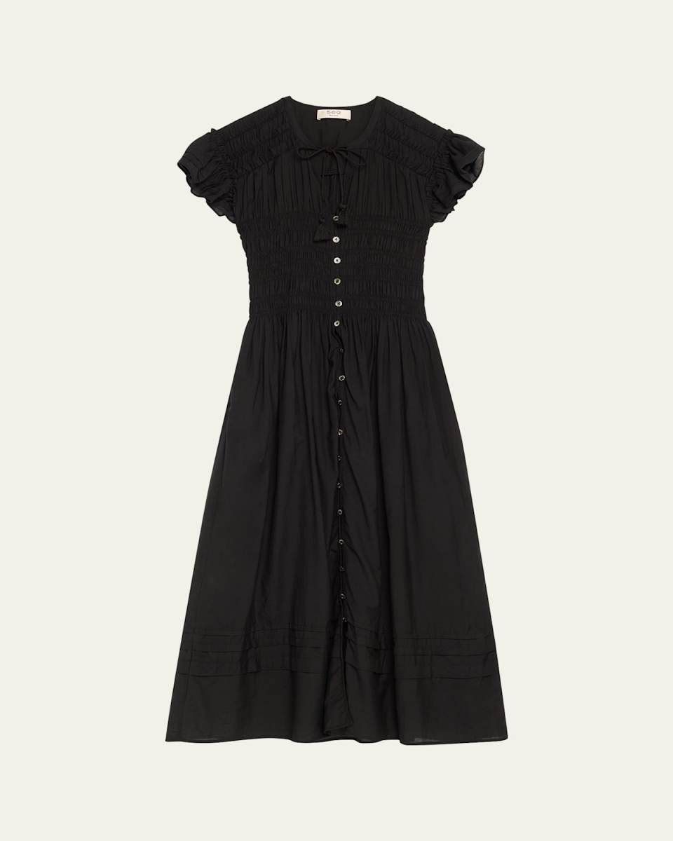 Nomi Smocked Flutter-Sleeve Midi Dress