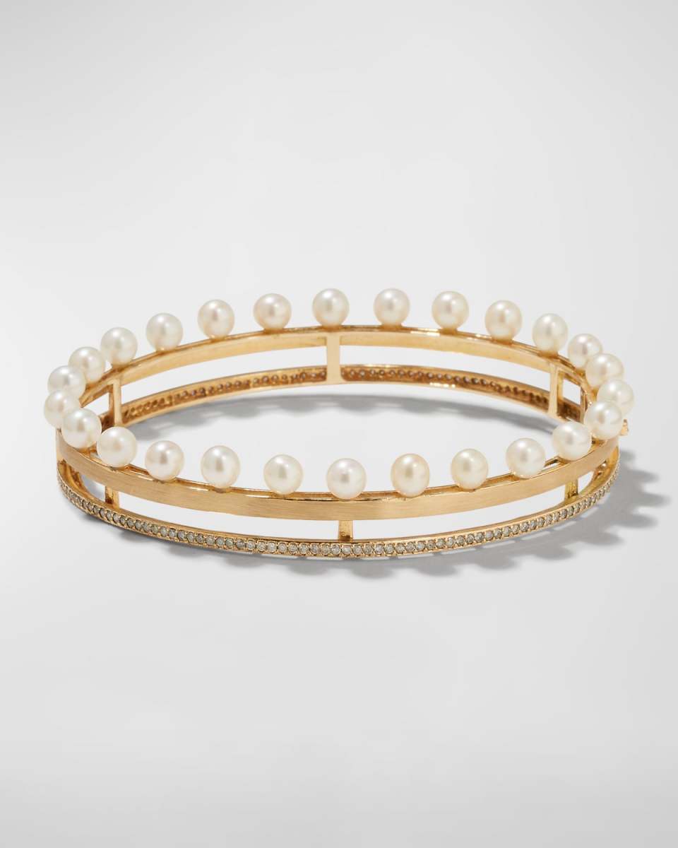 14k Yellow Gold 2-Row Pearl Diamond Bangle