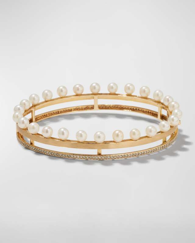 14k Yellow Gold 2-Row Pearl Diamond Bangle