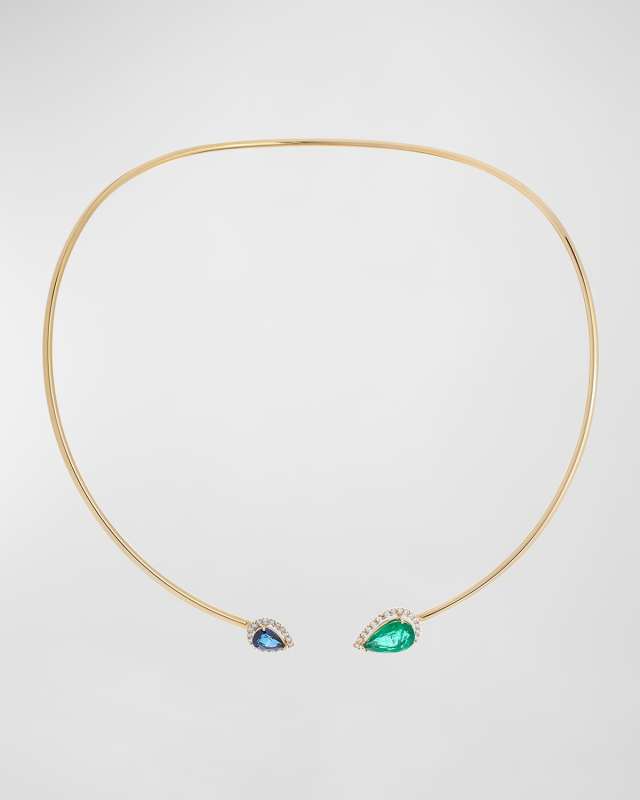 18K Yellow Gold Necklace with Diamond Halos, Emerald and Blue Sapphire