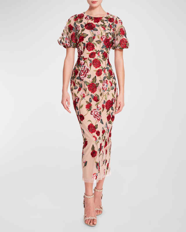 Floral-Embroidered Bodycon Midi Dress