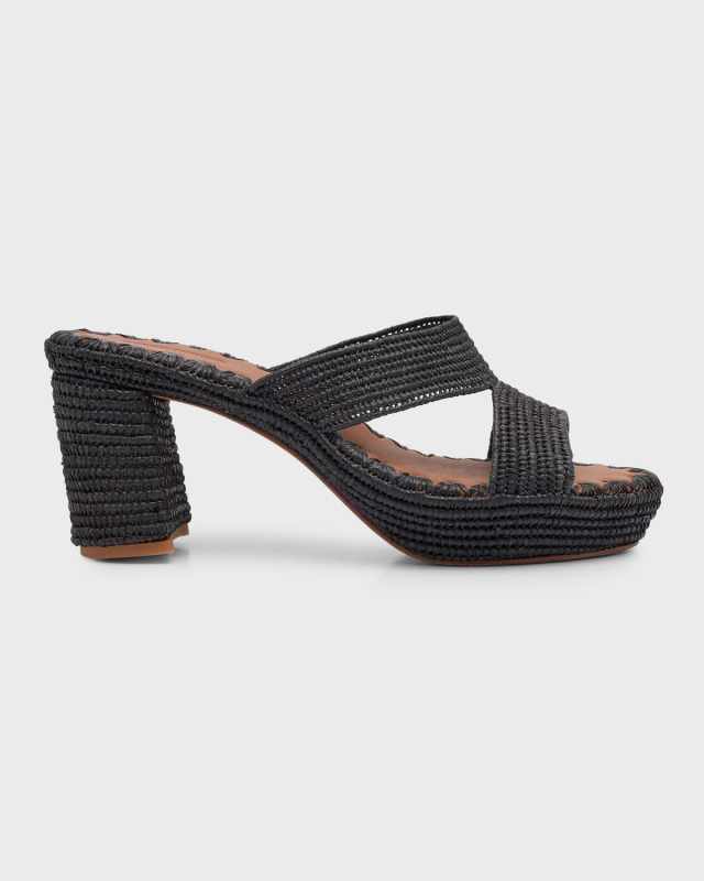 Raffia Crisscross Block-Heel Sandals