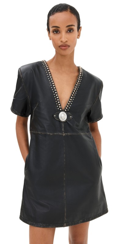 AREA Studded Leather V Neck T-Shirt Dress Black