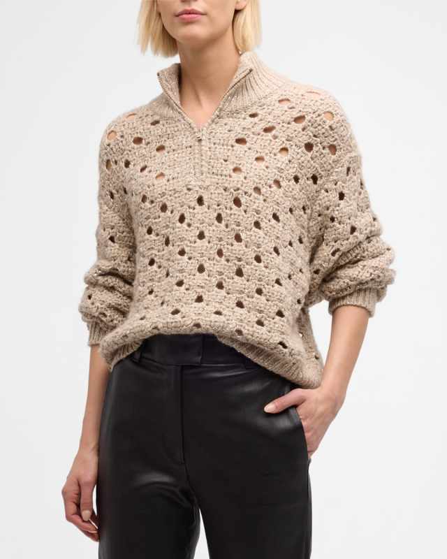Paillette Round Open-Weave Cashmere Quarter-Zip Sweater