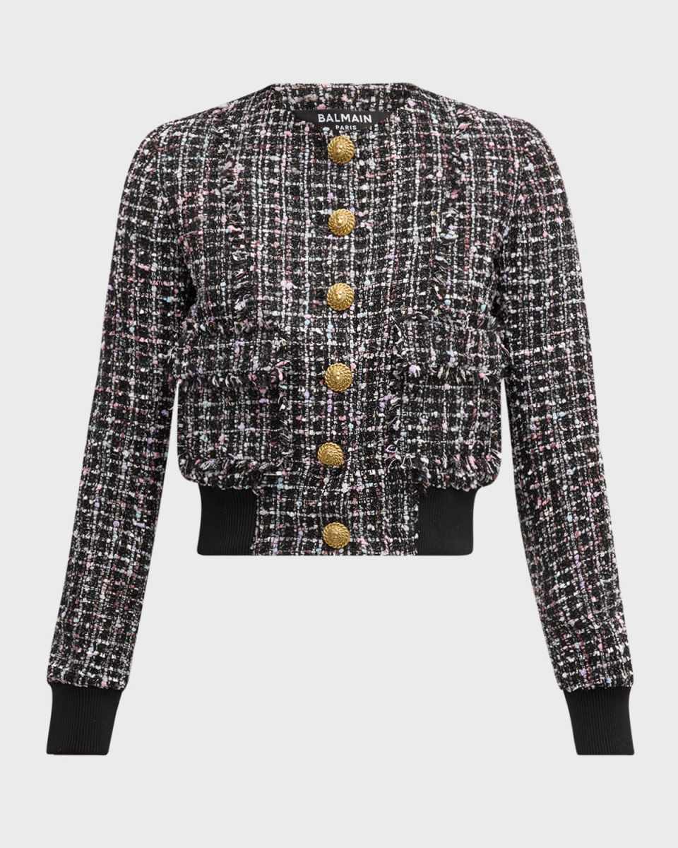 Buttoned Metallic Tweed Bomber Jacket