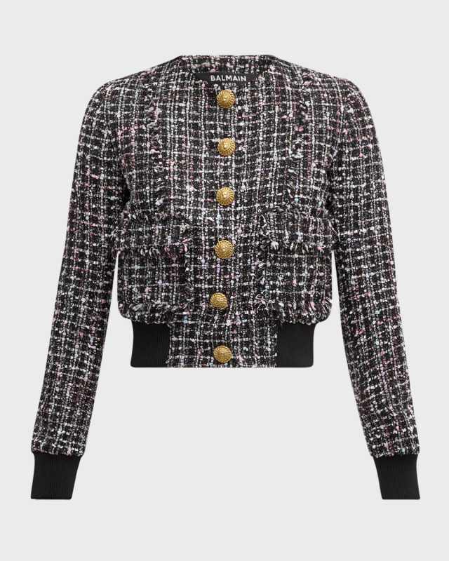 Buttoned Metallic Tweed Bomber Jacket