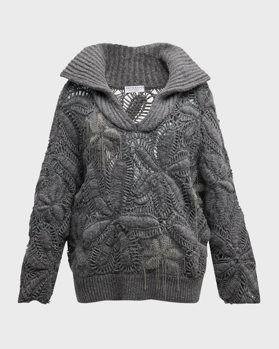 Opera Cashmere Floral Crochet Embroidered Knit Sweat
