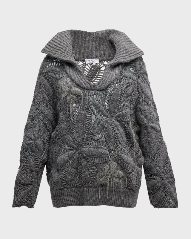 Opera Cashmere Floral Crochet Embroidered Knit Sweat