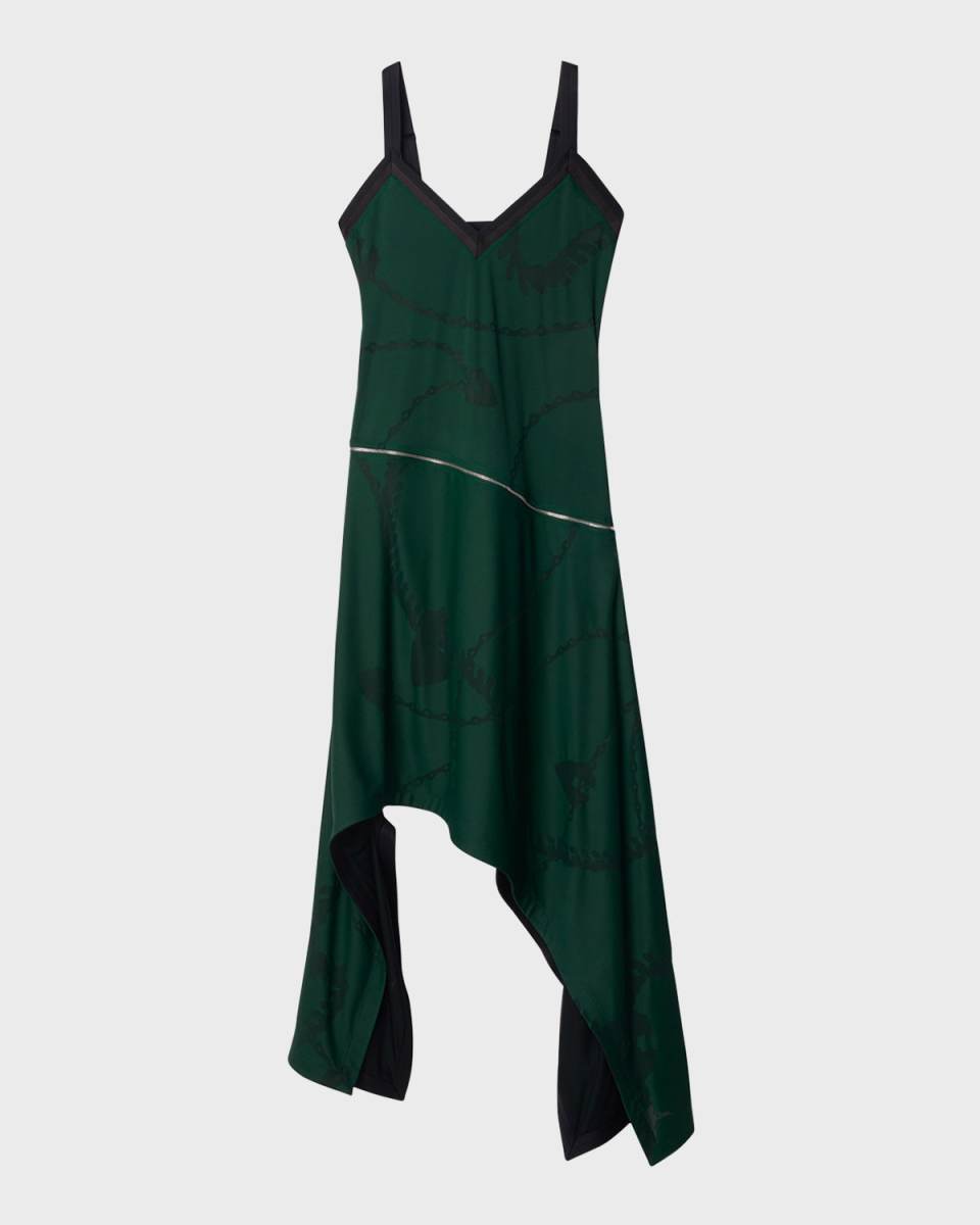 Chain-Print Sleeveless Zip Asymmetric Handkerchief Midi Dress