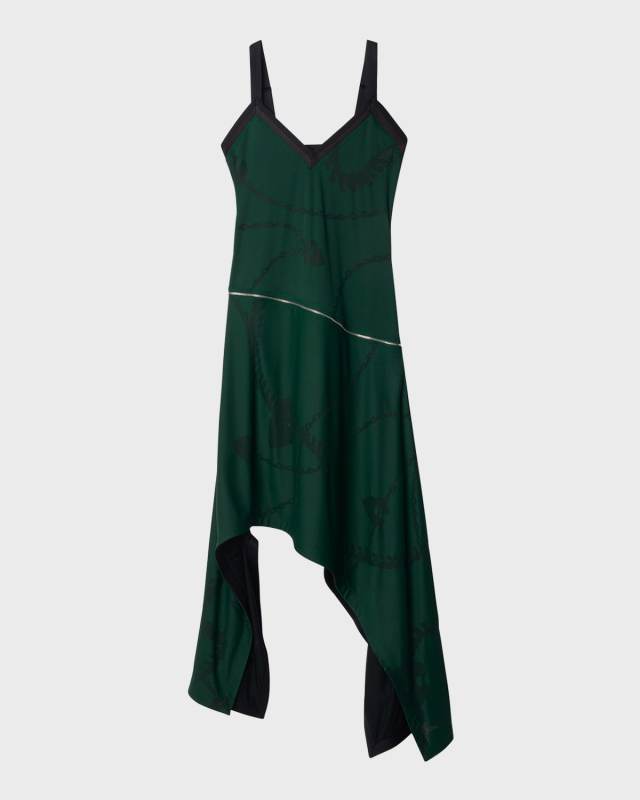 Chain-Print Sleeveless Zip Asymmetric Handkerchief Midi Dress