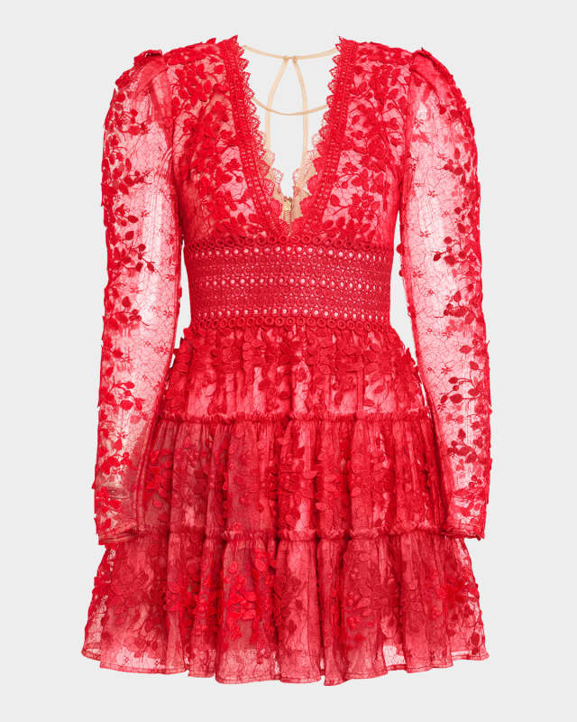 Megan Tiered Floral Applique Lace Mini Dress