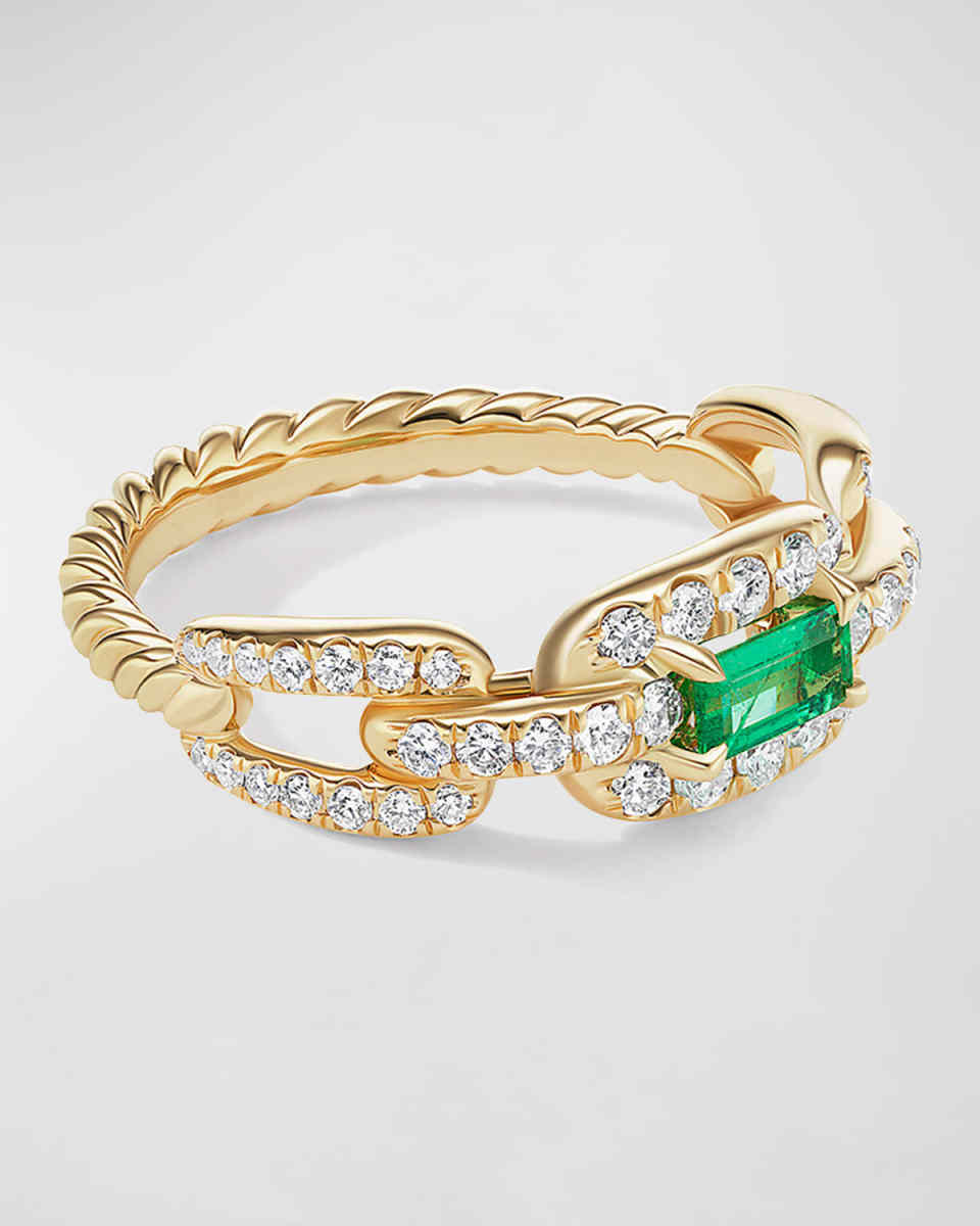 7mm Stax Link Stone Ring with Emerald and Diamonds in 18k Yellow Gold