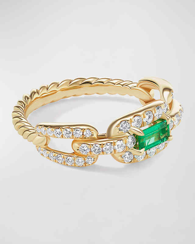 7mm Stax Link Stone Ring with Emerald and Diamonds in 18k Yellow Gold