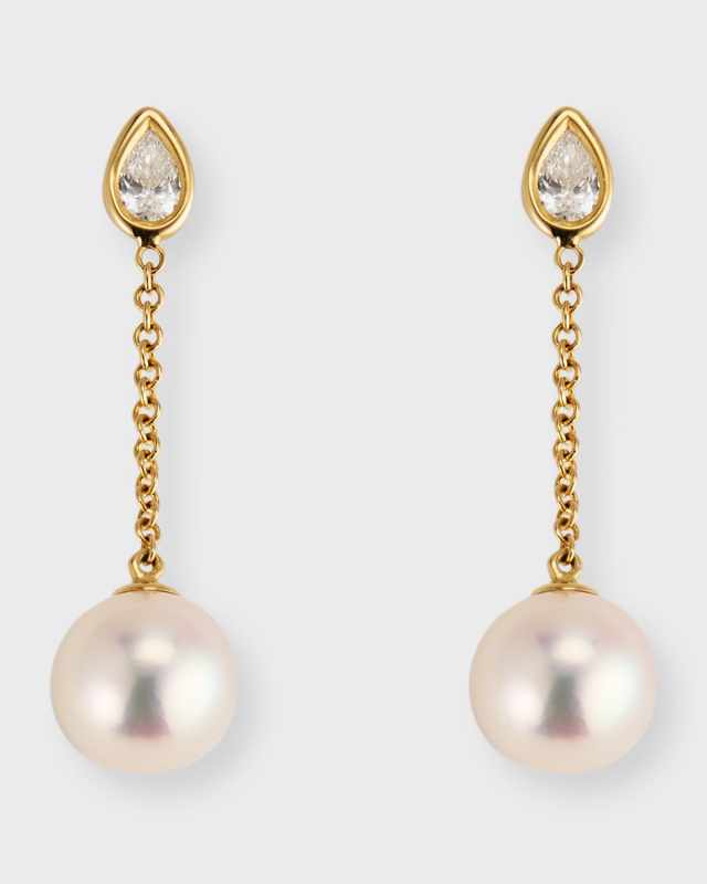 14k Gold Single-Pearl Drop Earrings with Diamonds