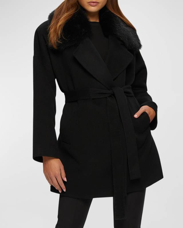 Wool-Cashmere Belted Jacket With Detachable Toscana Shearling Lamb Collar Tri