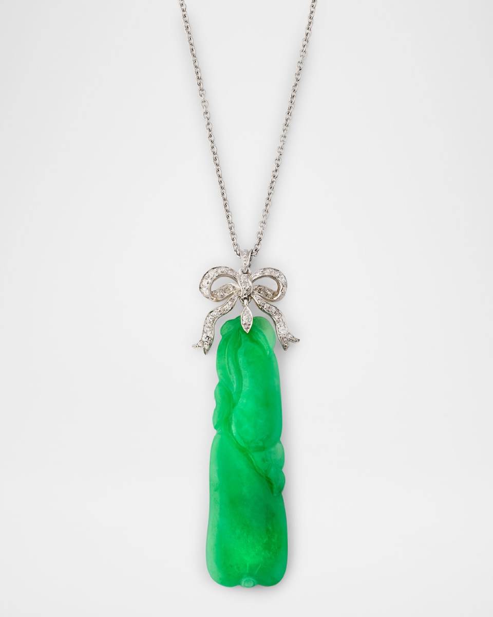 Estate Platinum and 18K Gold Carved Jadeite Pendant Necklace with Diamonds