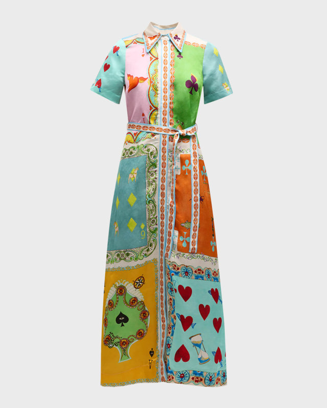 Rummy Multicolor Tie-Belt Short-Sleeve Midi Shirtdress