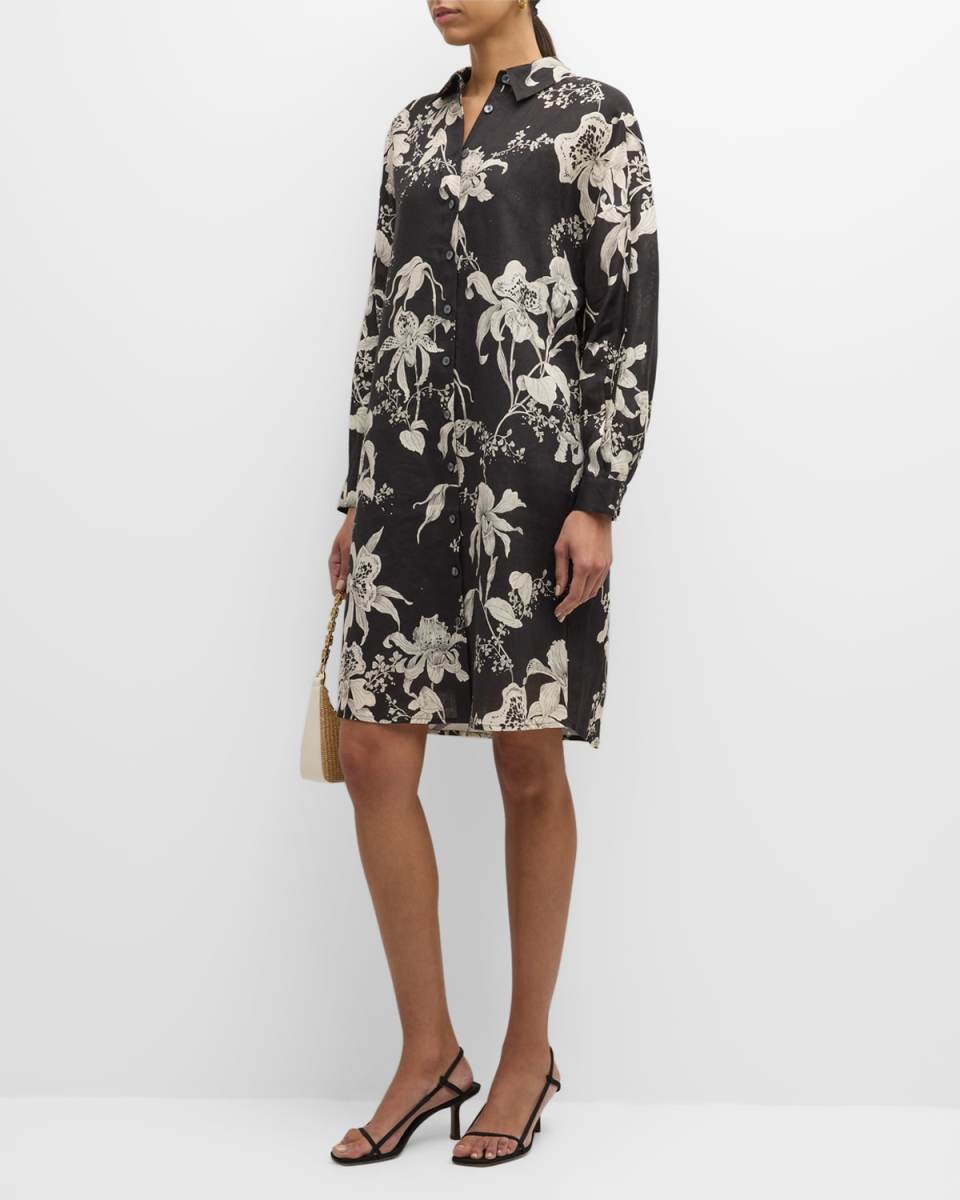 Floral-Print Chain-Embellished Linen Midi Dress