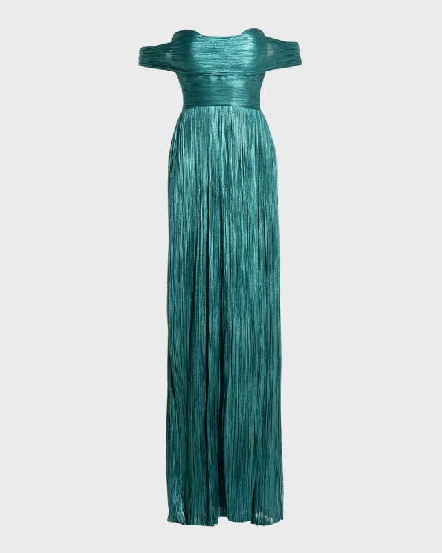 Carla Off-The-Shoulder Metallic Plisse Gown